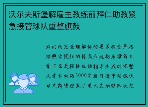 沃尔夫斯堡解雇主教练前拜仁助教紧急接管球队重整旗鼓